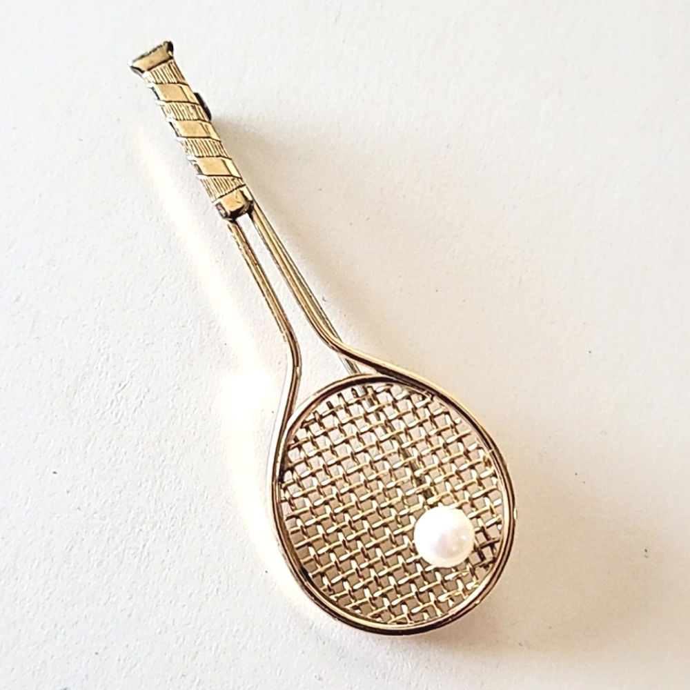 KREMENTZ TENNIS RACQUET CULTURED PEARL PIN BROOCH